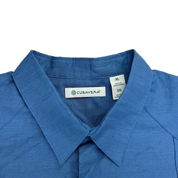 Cubavera Mens Linen Blend Solid Short Sleeve Button Down Shirt Blue XL - Picture 2 of 4